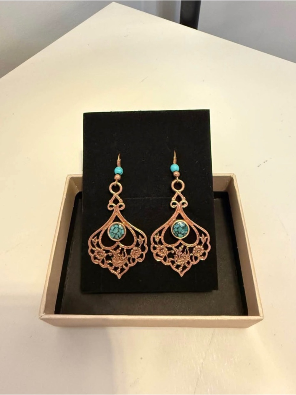 Real Turquoise and  Copper Accent Filigree Drop Earrings - Women Jewelry